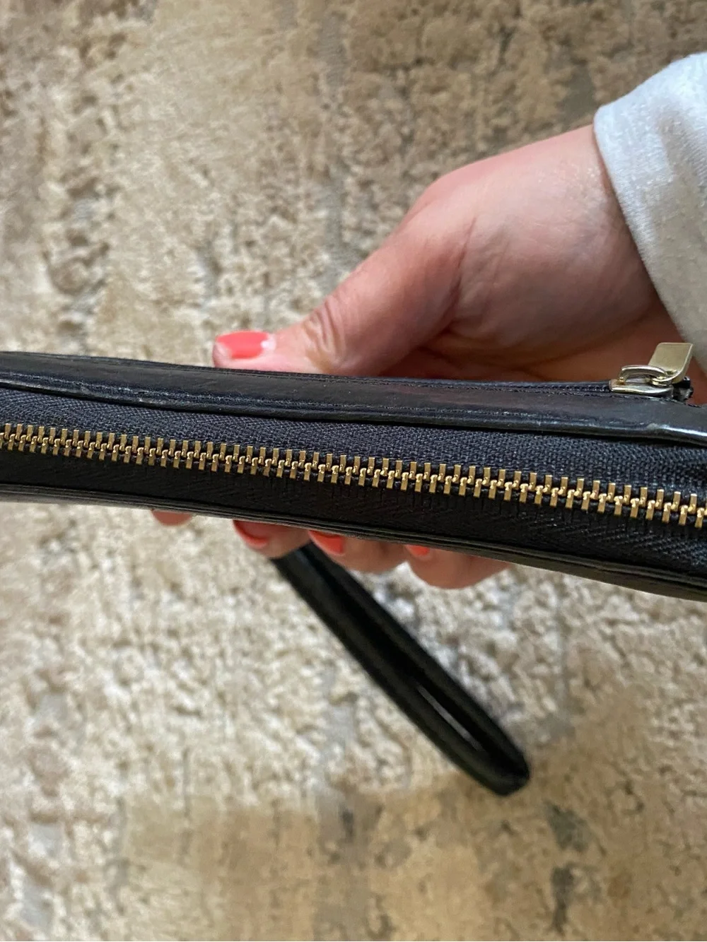 Fossil Black and Gold Color Block Leather Wristlet Wallet Zip Around Coin Purse